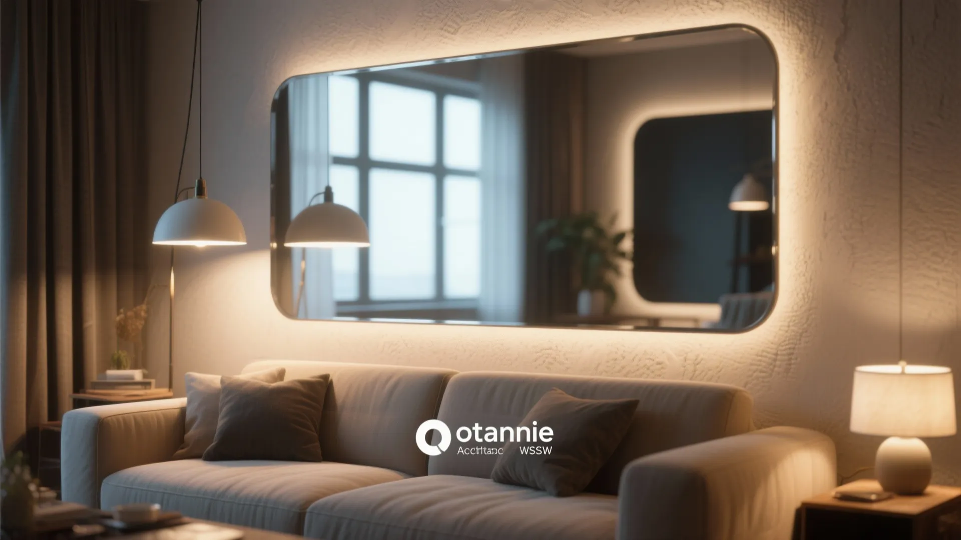 Modern living room with a backlit wall mirror above a grey sofa and ceiling lights