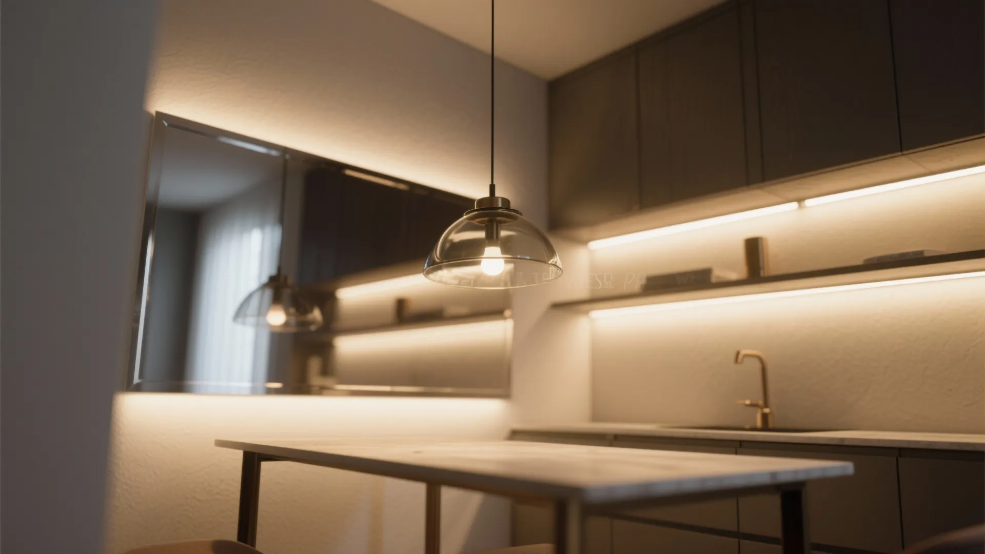 Modern kitchen with glass ceiling light warm wall lights large mirror and minimalist dining table
