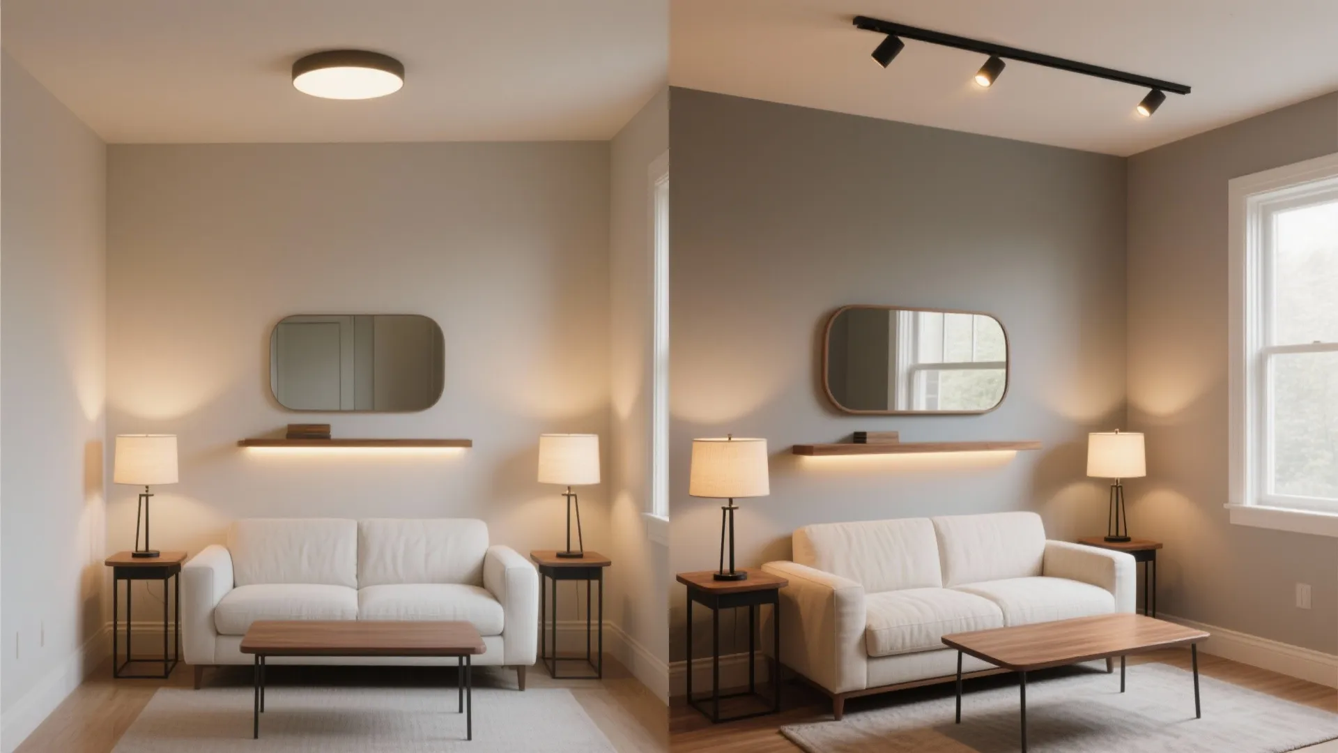 Layered lighting and mirrors for depth