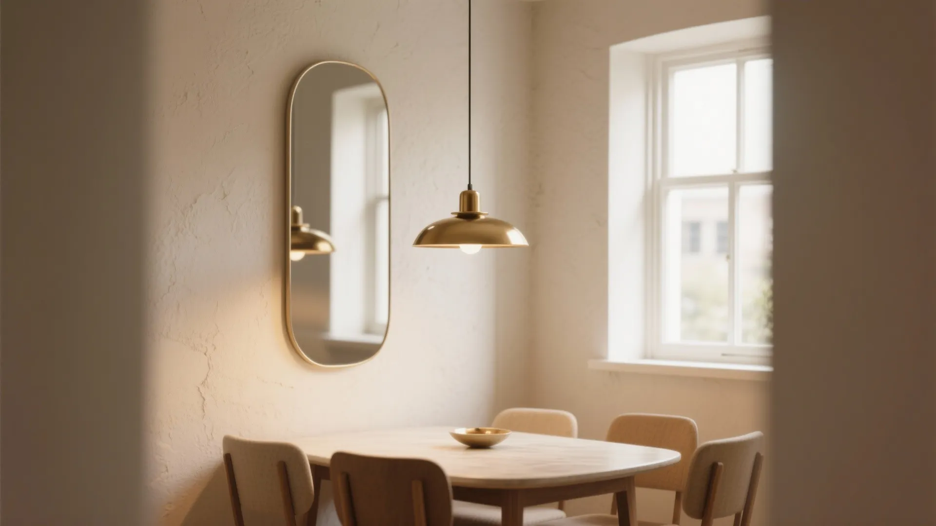 Dining area with wood table four chairs oval wall mirror and gold hanging ceiling light