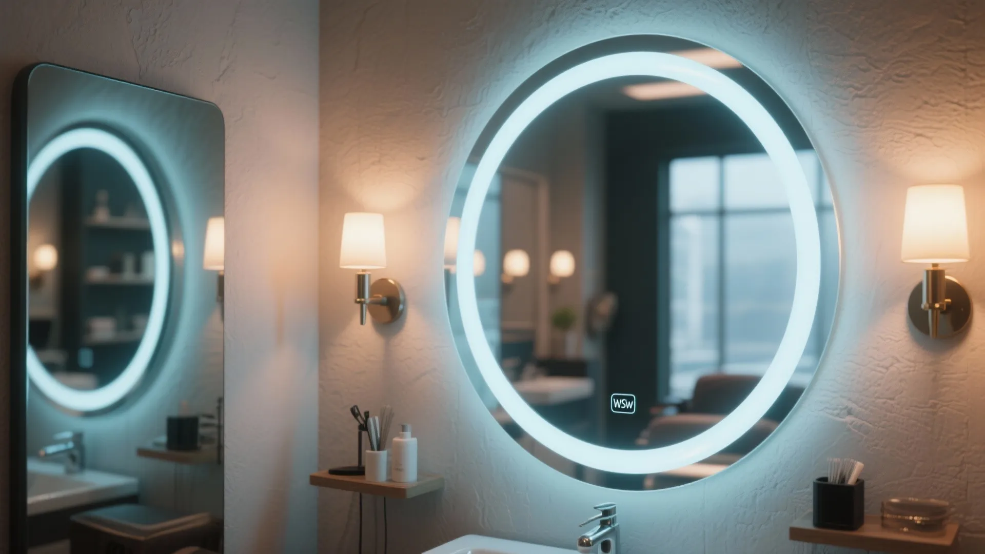 Backlit halo mirror with layered task and ambient lighting creating a premium look in a small salon.