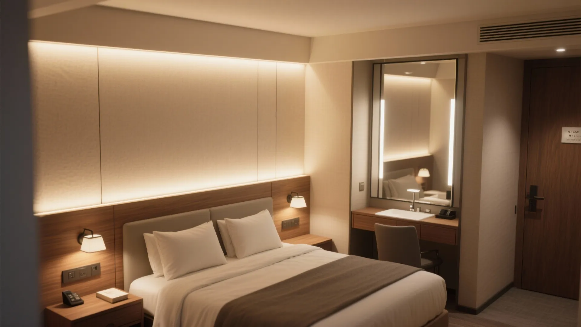 Warm hotel bedroom with double bed wood wall panel side table and lighted mirror above desk