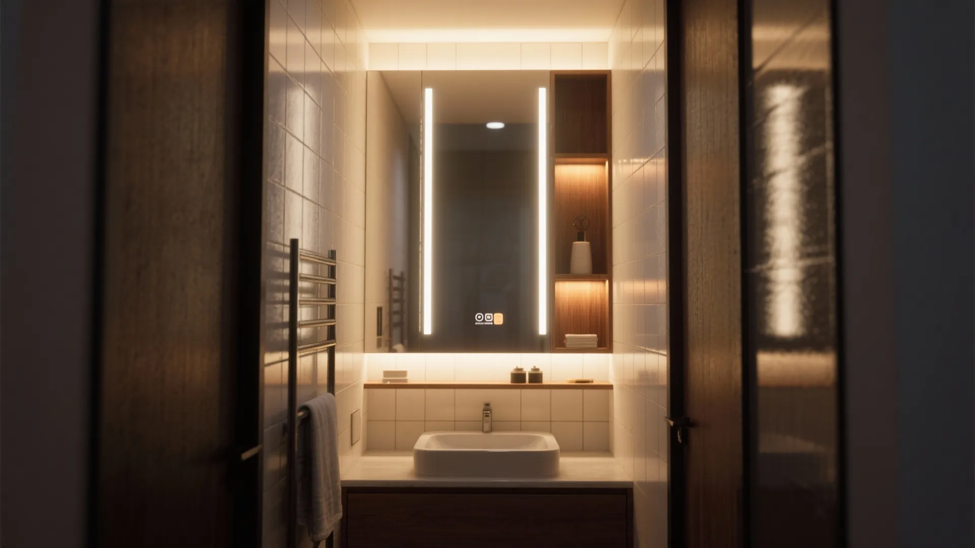 Narrow bathroom vignette showing a tall illuminated mirror, vertical vanity light, and LED-lit recessed shelf.