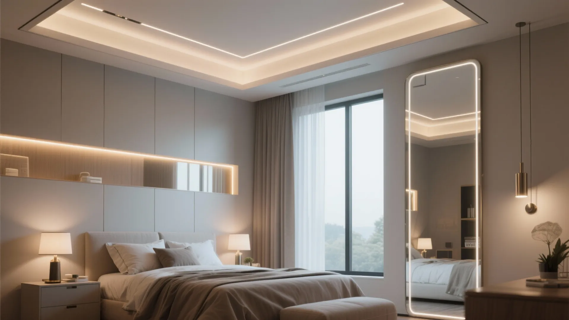 Bedroom showing layered lighting and a tall mirror opposite the window to increase perceived depth.