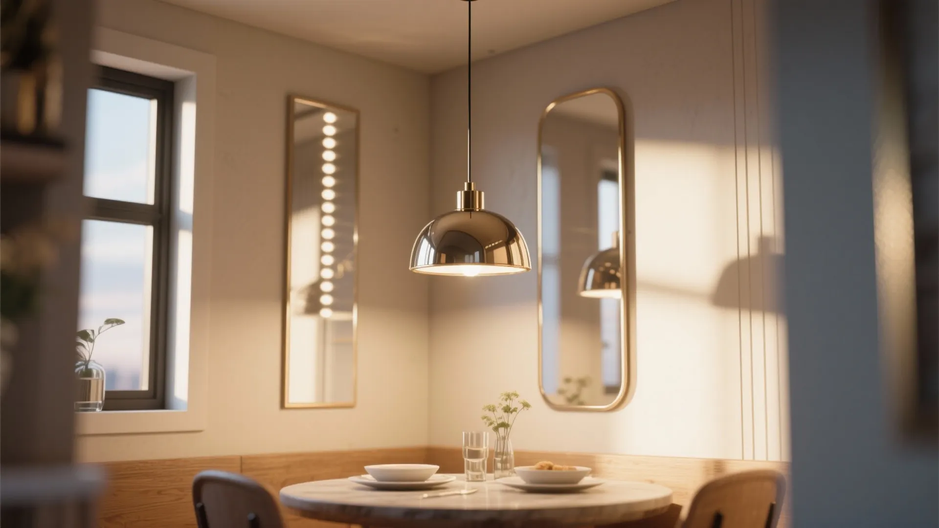 Pendant light and slim wall mirror reflecting light to enlarge a tiny dining nook with vertical accents.