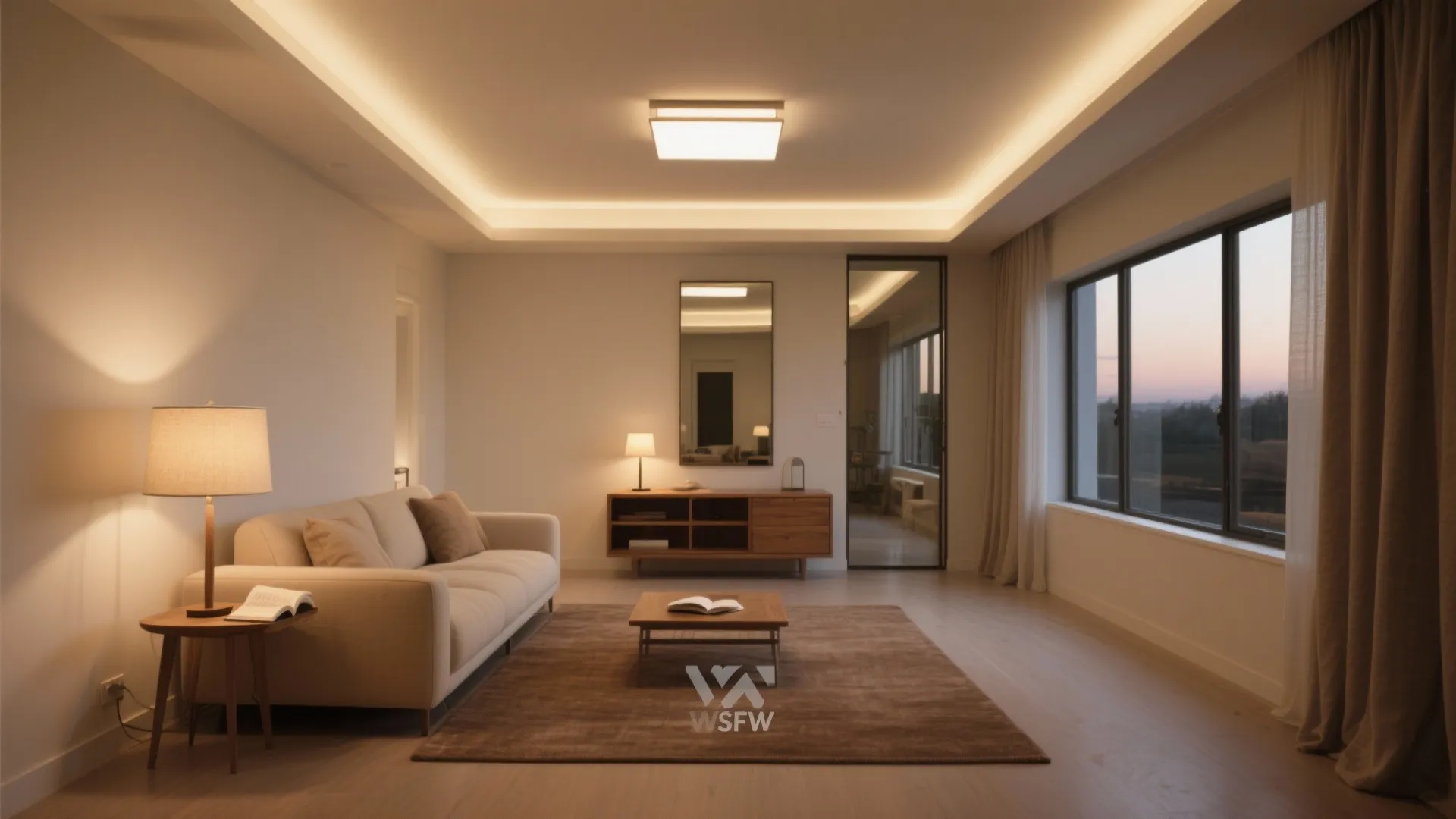 Layered ambient, task, and accent lighting with a large mirror and low-contrast materials to visually widen the room.
