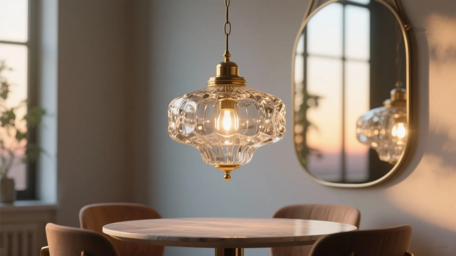 Glass ceiling light hanging above a dining table with chairs and a round wall mirror