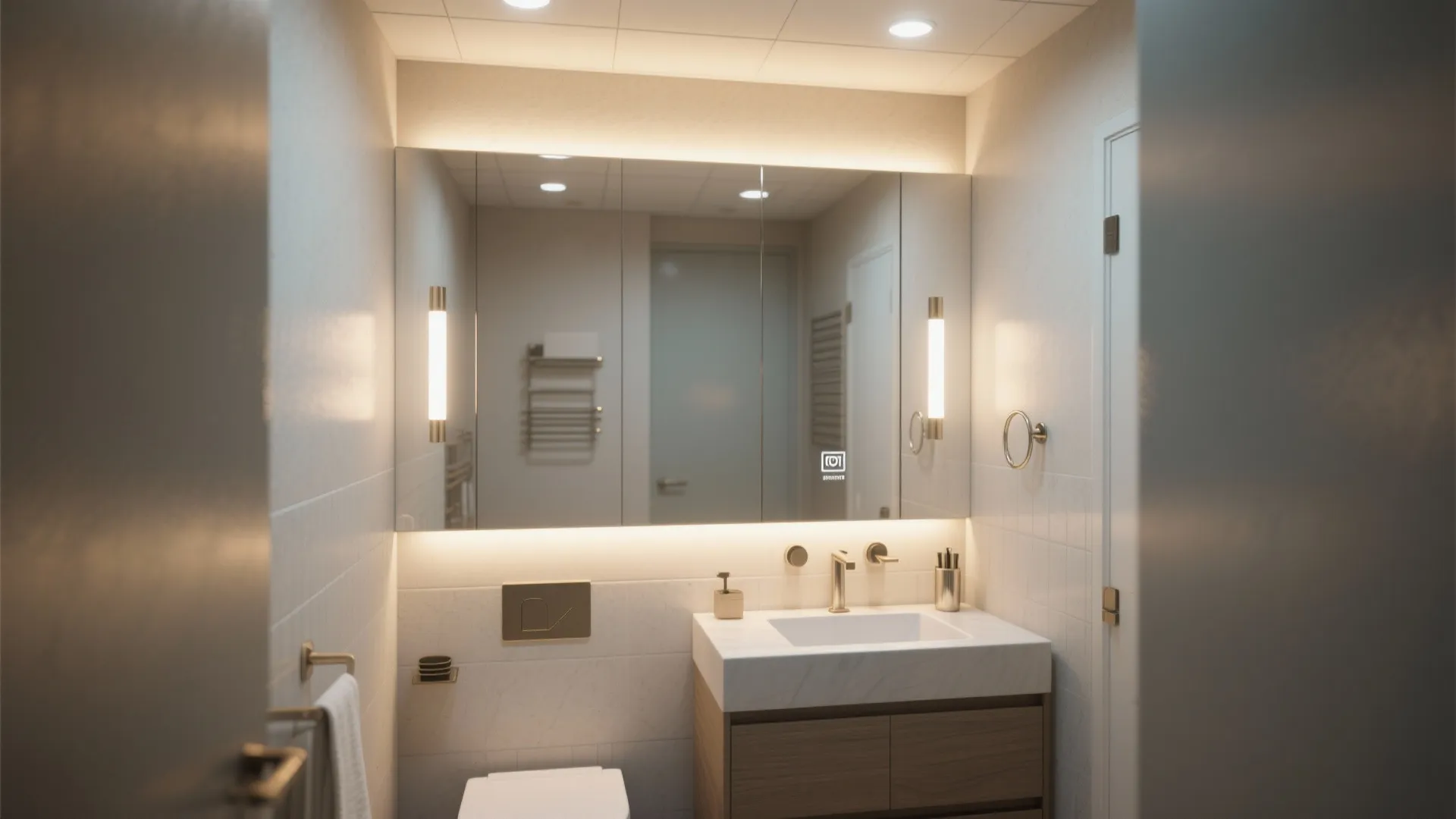Bathroom with continuous wall and ceiling color, large LED mirror and layered lighting creating depth.