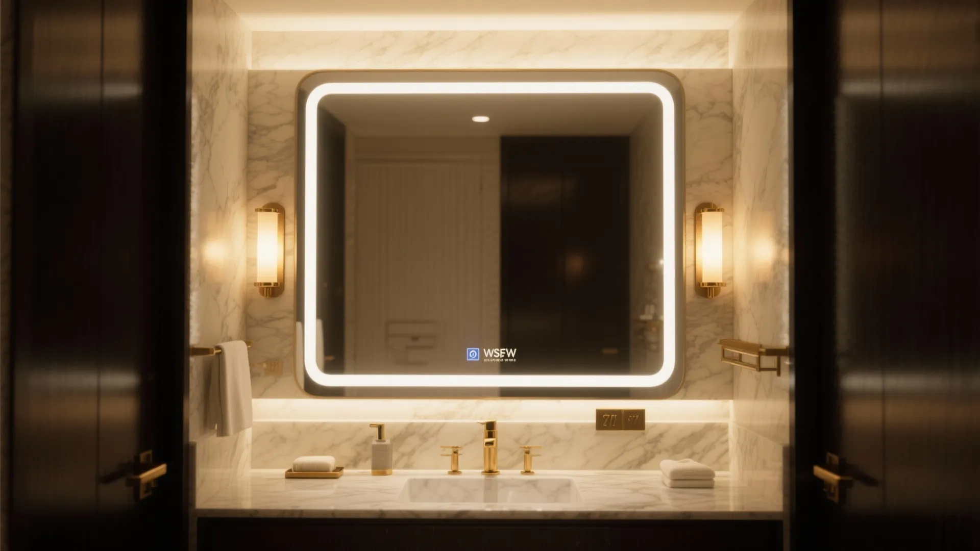 Elegant bathroom vanity with lighted square mirror gold faucets white marble wall and wall lights