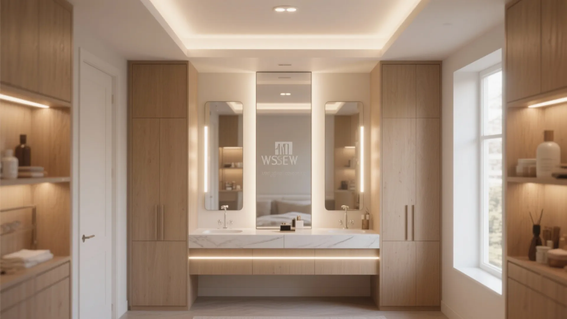 Symmetrical bathroom vanity with double sinks, wooden cabinets, lighted mirrors, and warm ceiling light fixtures