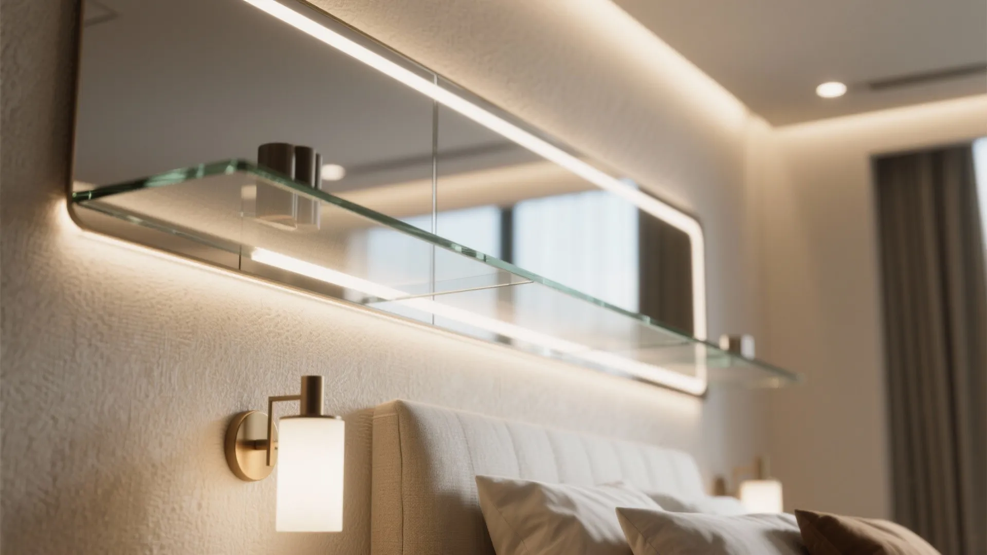 Wall light next to a bed with a mirror and glass shelf above the headboard decoration