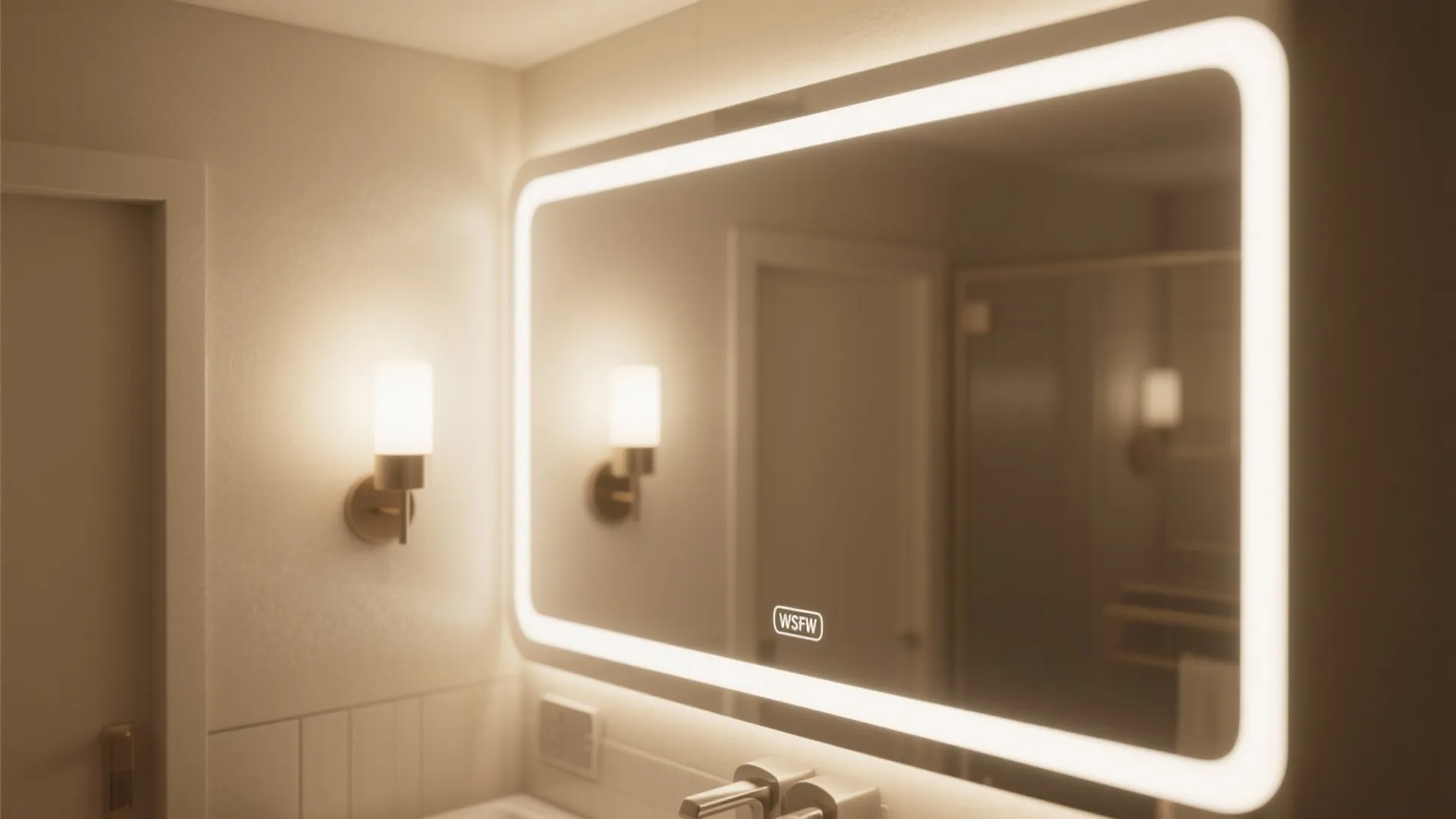 Close up of rectangular bathroom mirror with built in light frame and two wall lights
