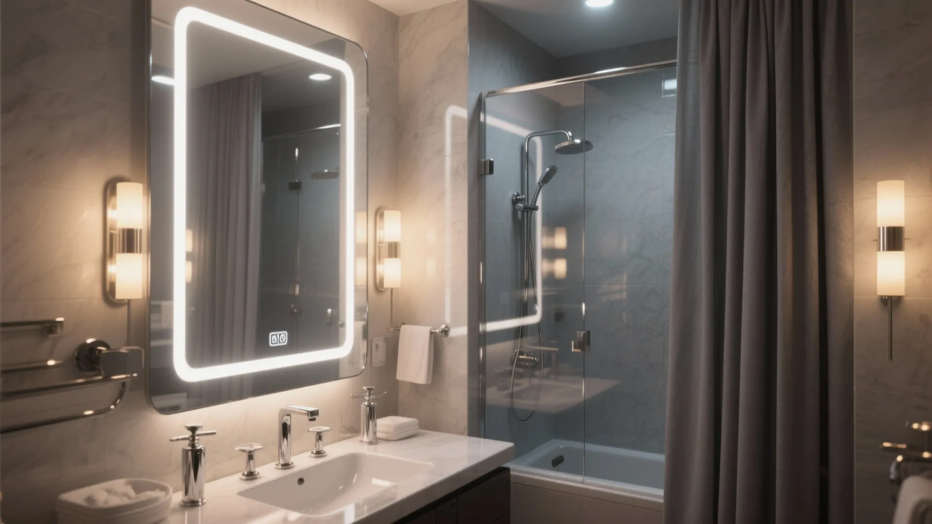 Modern bathroom with glowing light mirror and glass shower door and wall light and curtains