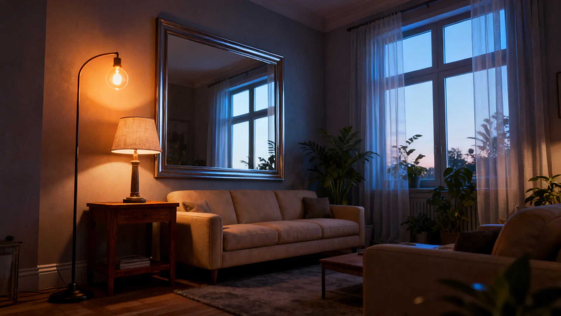 Cozy living room featuring beige sofa large mirror floor lamp and blue evening light window