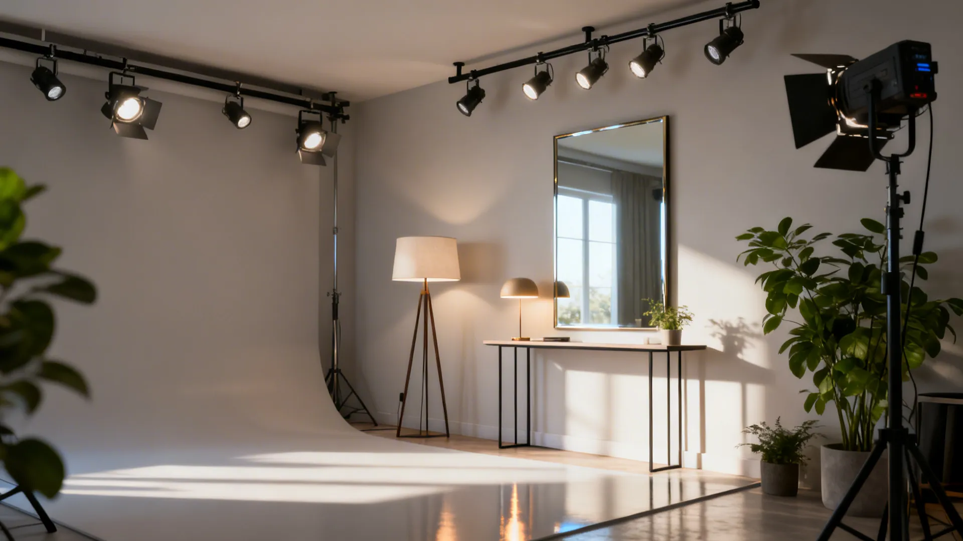 Studio with layered lighting and a tall mirror above a slim console reflecting daylight.