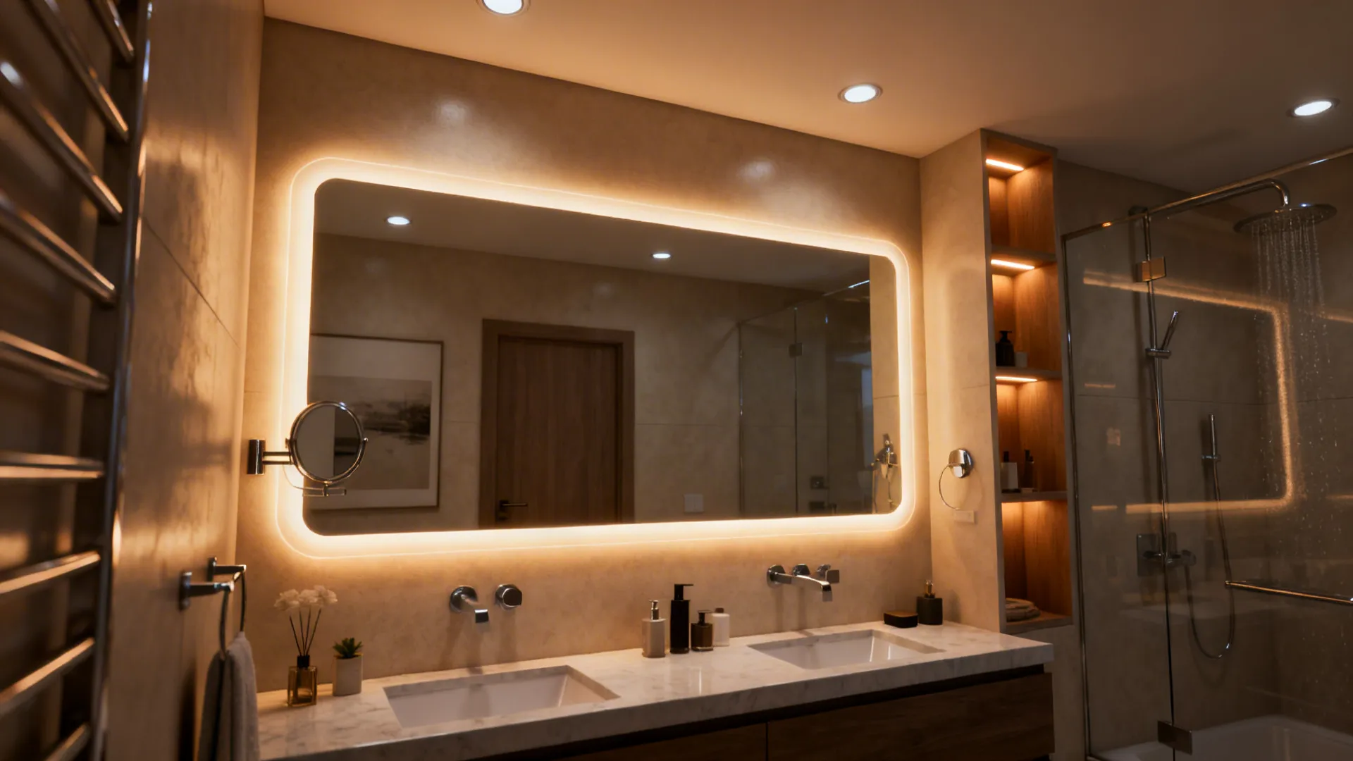 Vanity with layered lighting and a large backlit mirror creating depth in a small bathroom