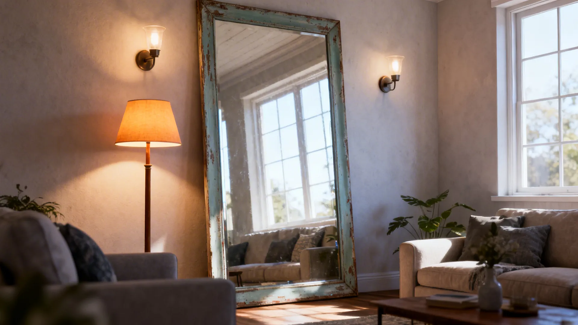 Living room with layered lighting and a large mirror reflecting window light to brighten the space.