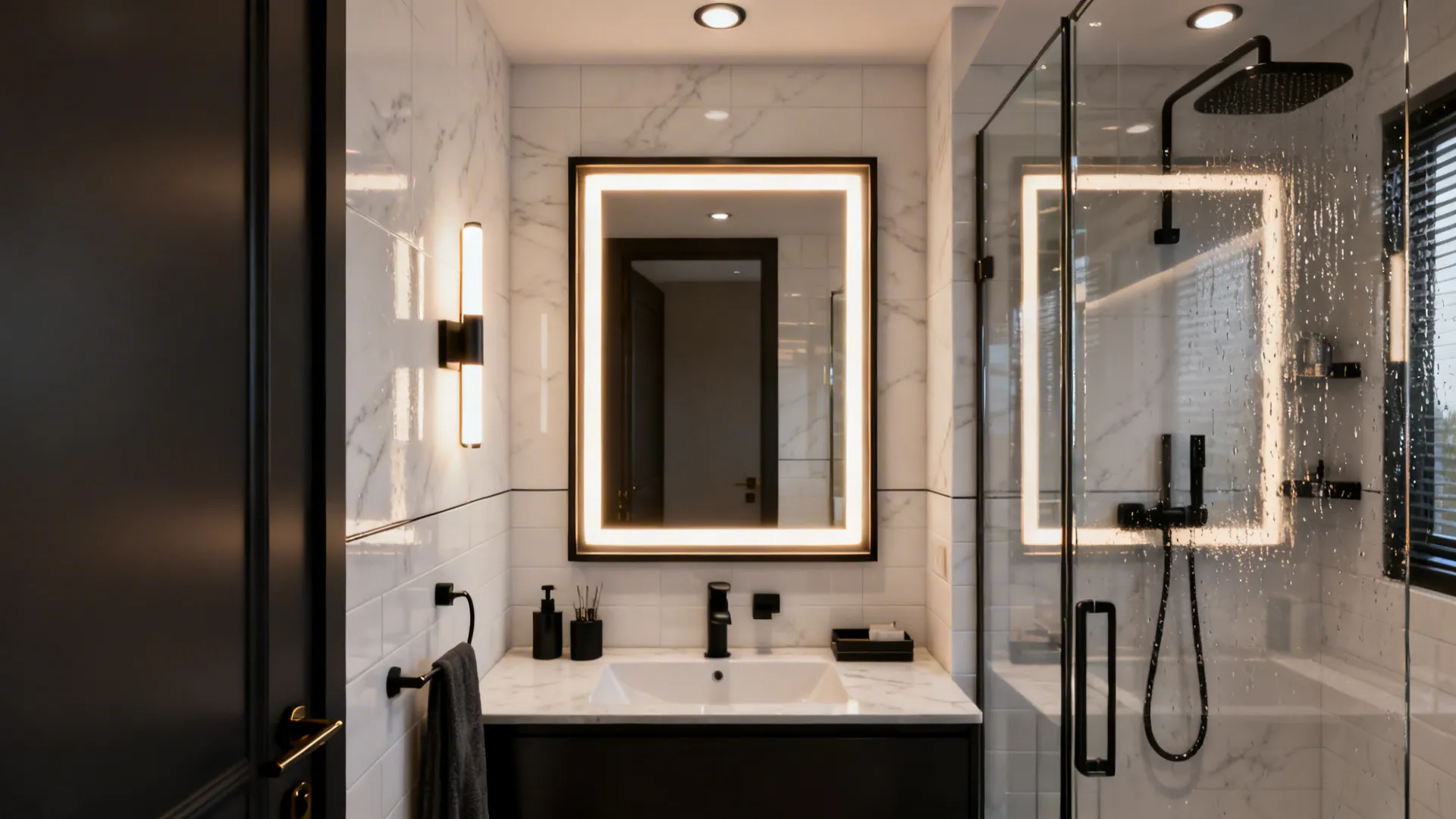 Small bathroom with a large LED mirror and layered lighting creating a sense of expanded space.