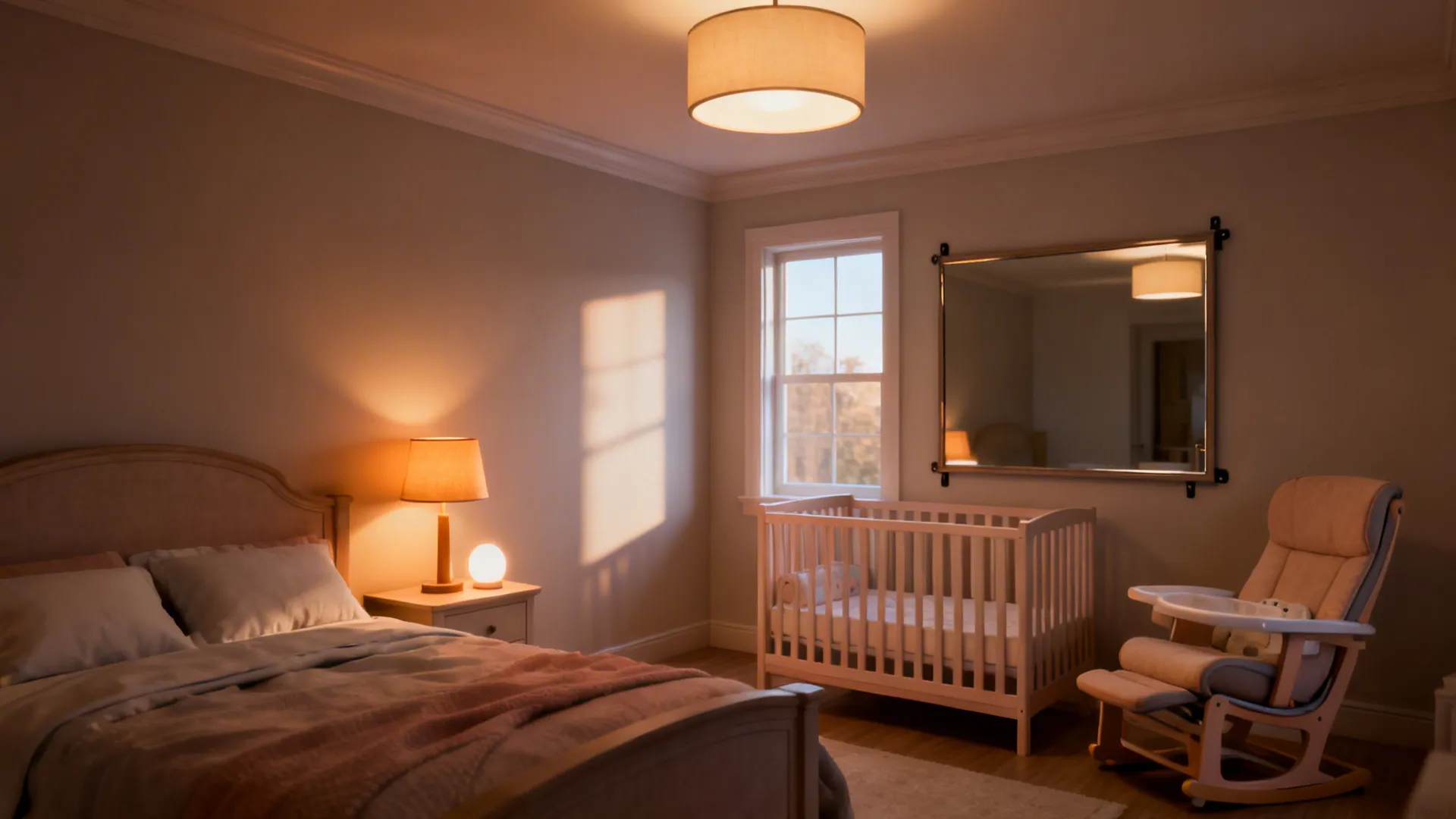 Nursery with layered lighting—dimmable overhead, bedside lamp—and a mirror reflecting daylight to enlarge the space.
