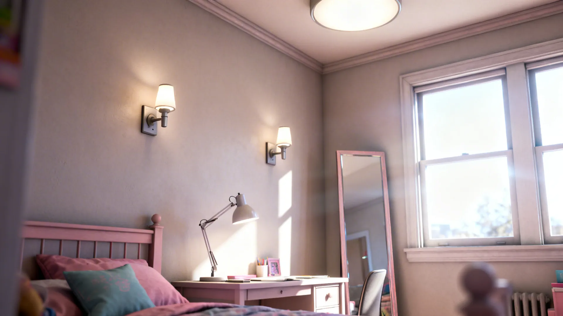Layered lighting with plug-in sconces and full-length mirror amplifying daylight.