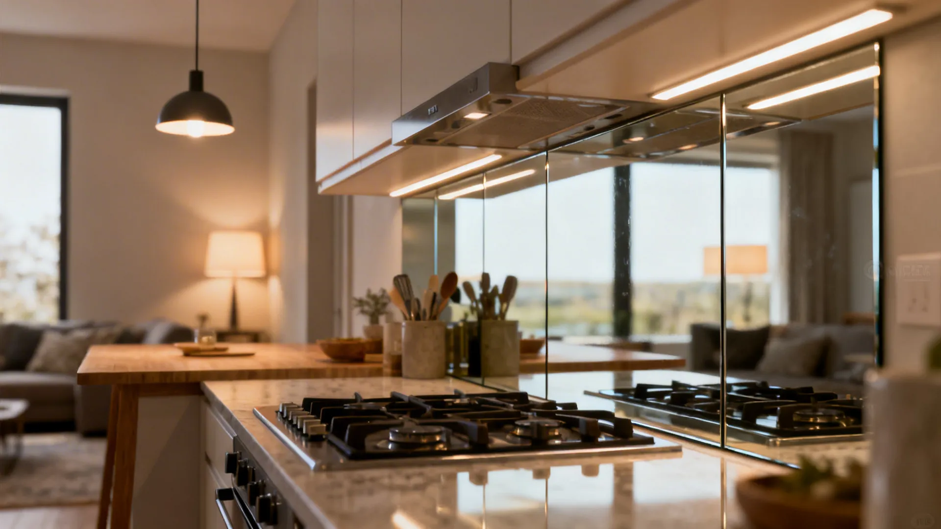 Close up of kitchen stove and mirrored wall reflecting living room with warm ceiling light fixture