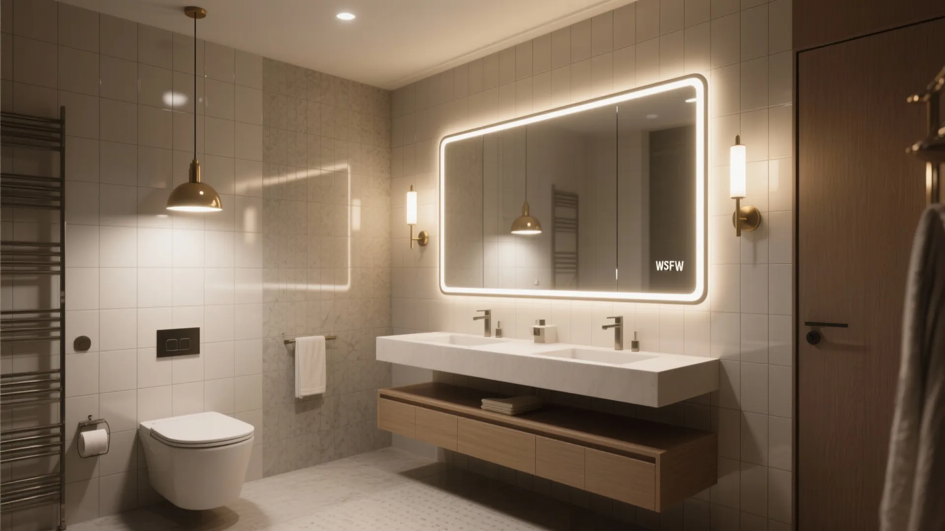 Bathroom with layered lighting and a large backlit mirror above a floating vanity