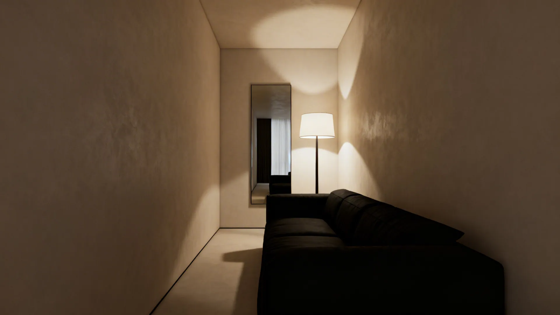 Narrow living room with black sectional, floor lamp behind it and mirror reflecting light to enlarge the space.