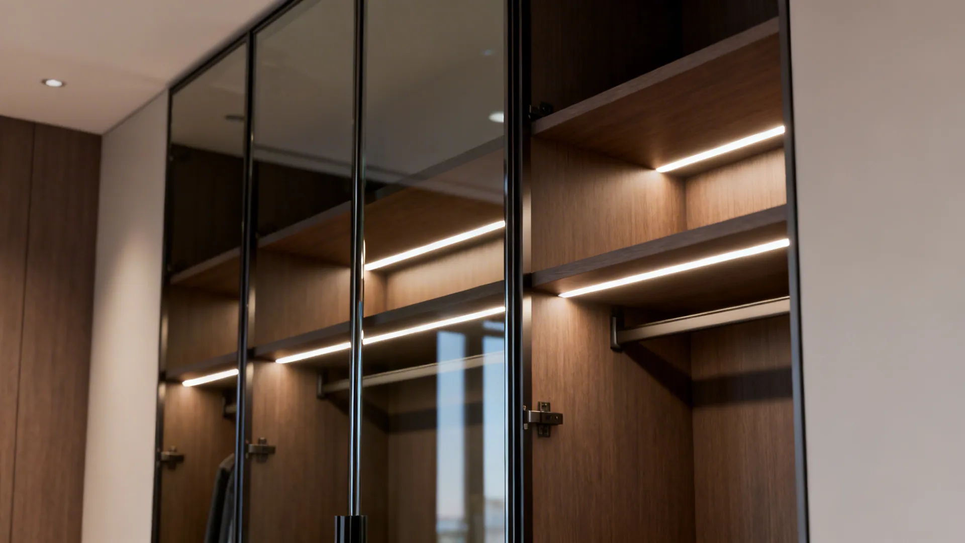 Integrated LED strip lighting under shelves and a full-length mirrored closet door
