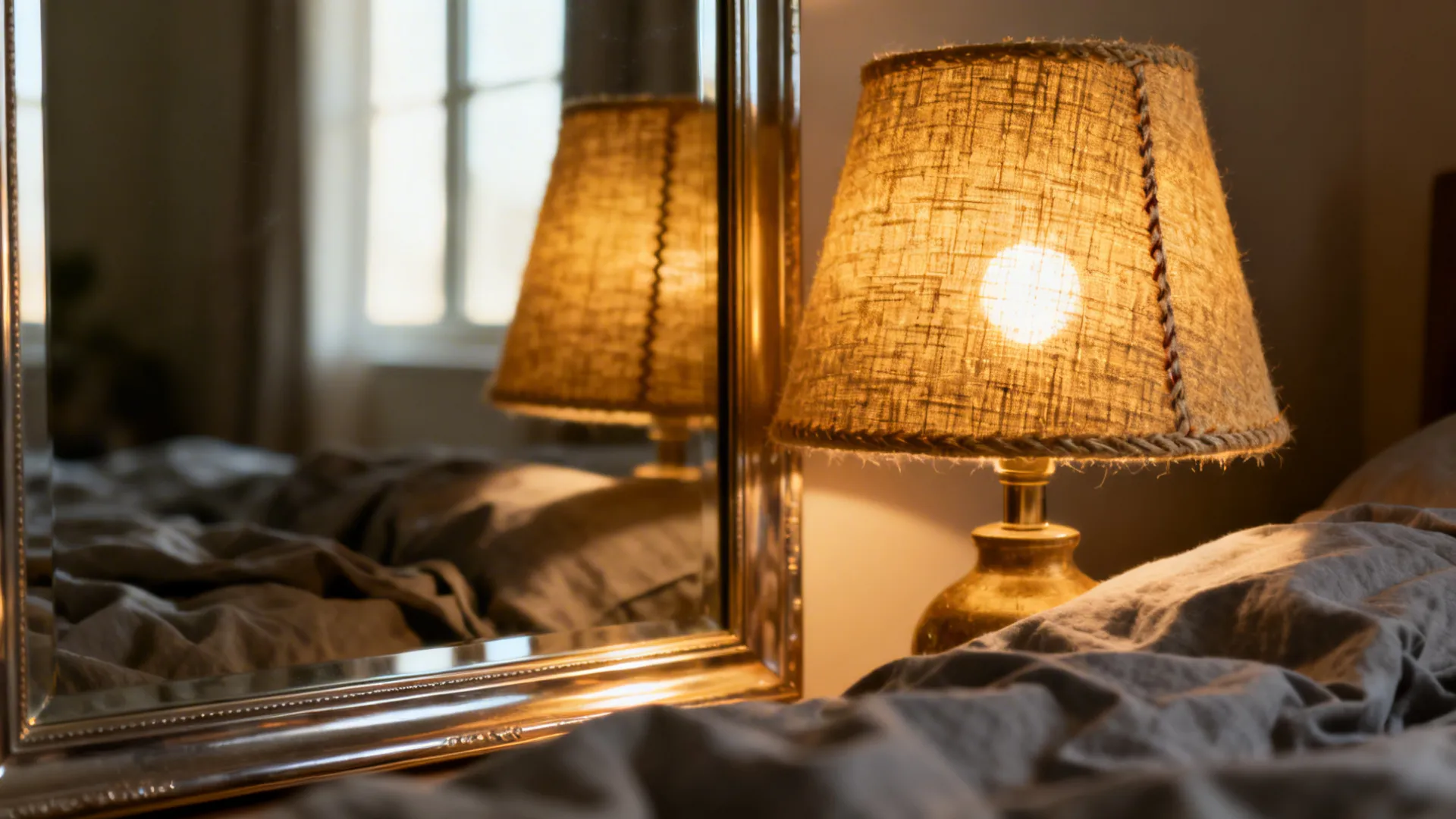Warm bedside lamp and mirror reflecting light in a grey bedroom