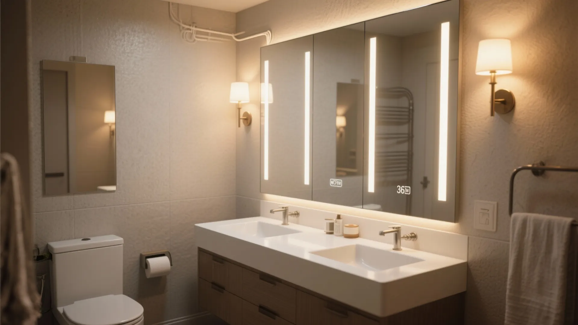 Compact powder room with a white 36-inch vanity, backlit mirror and warm sconces creating expanded space