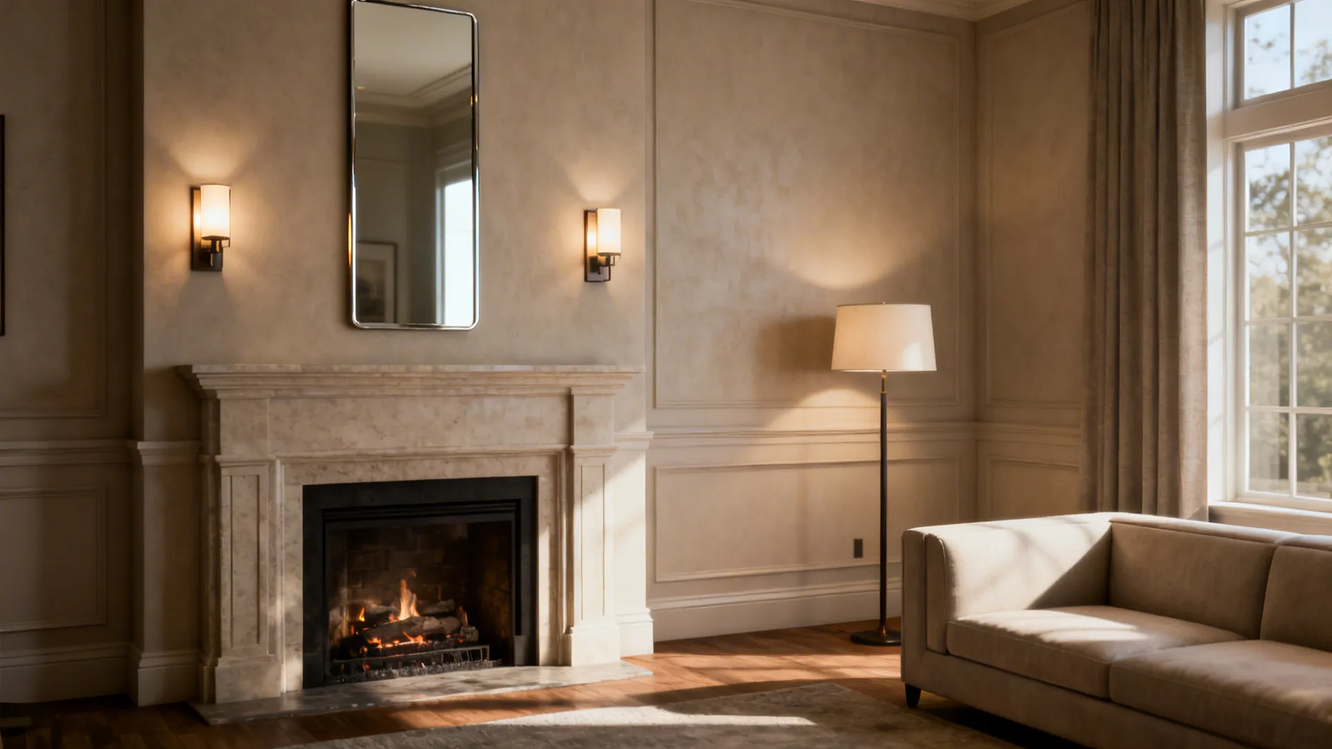 Fireplace wall with wall sconces, slim mirror, and a floor lamp opening sightlines around a sectional.