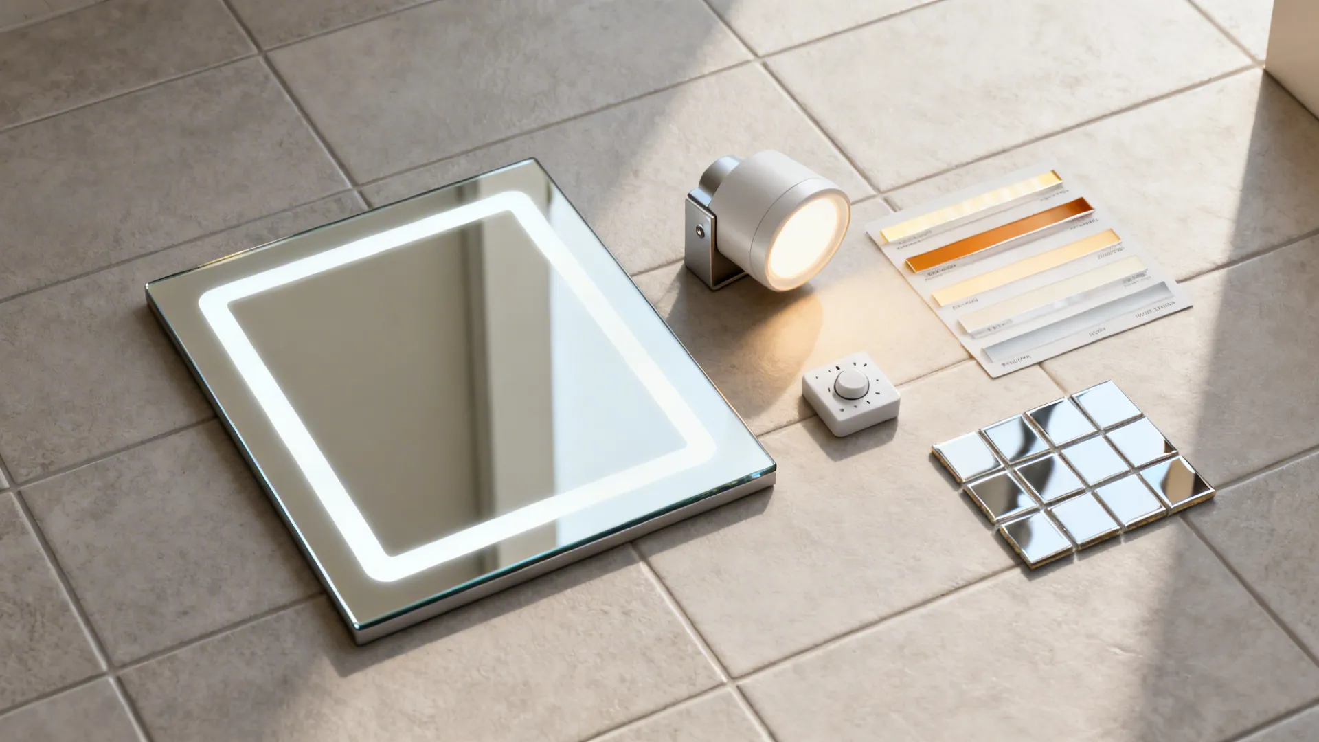 Top-down flatlay of LED mirror and layered lighting samples for a small bathroom lighting plan.