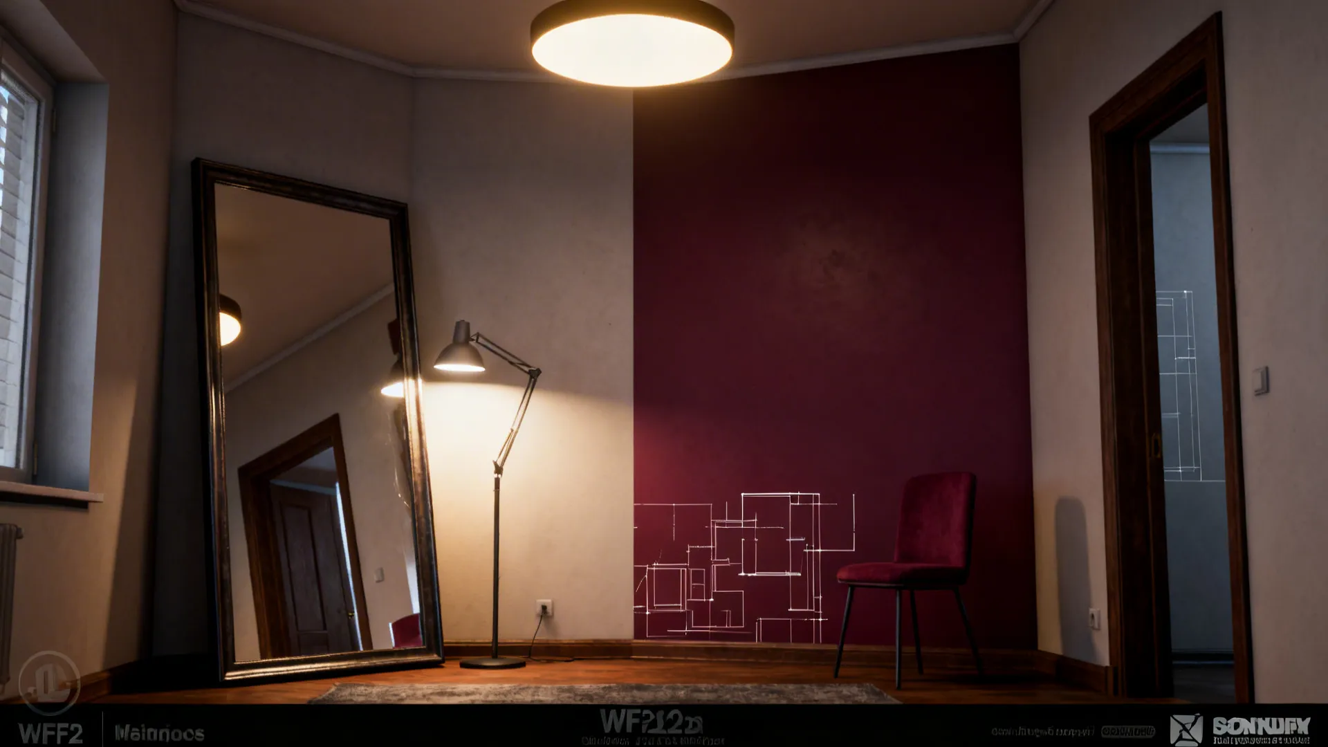 Small living room with layered lighting and a large mirror reflecting a burgundy element to increase perceived space.