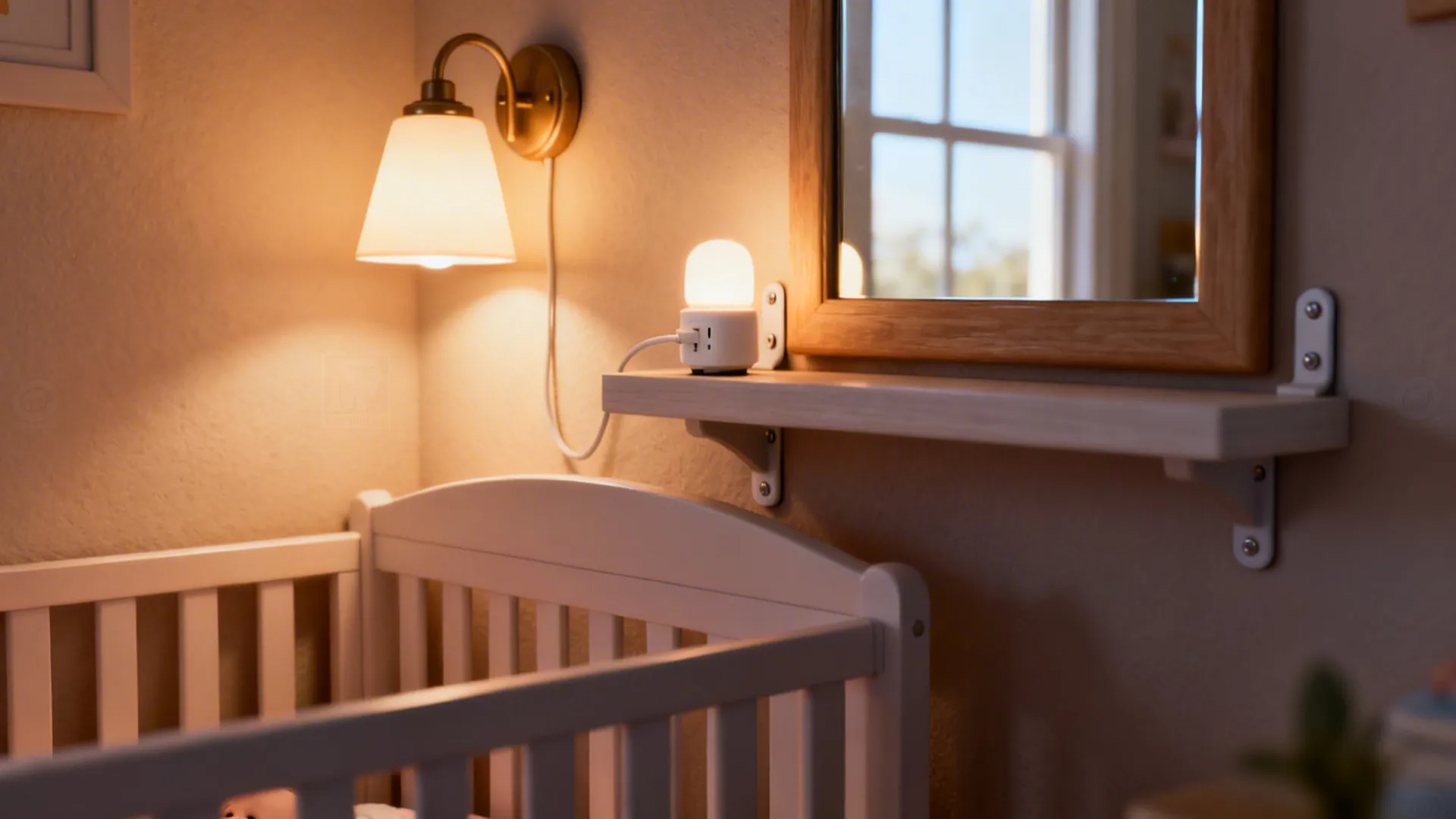 Layered nursery lighting with a dimmable sconce, night light and mirror reflecting daylight