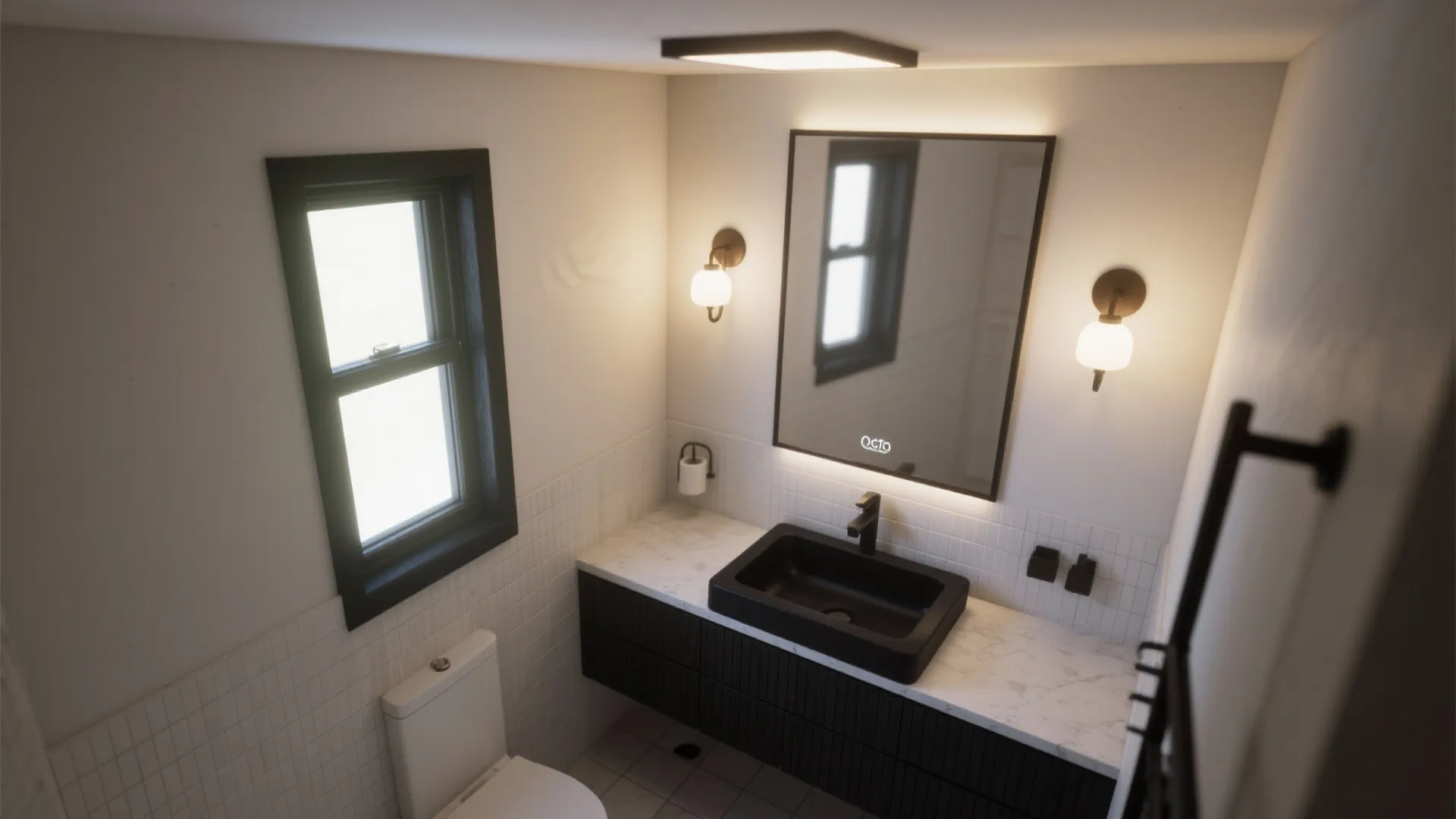 Lighting and mirror placement plan brightening a small bathroom with a black sink