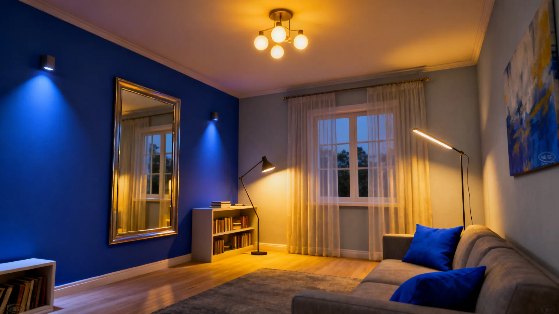 Layered lighting and a large mirror in a small living room with pale grey walls and royal blue accents.