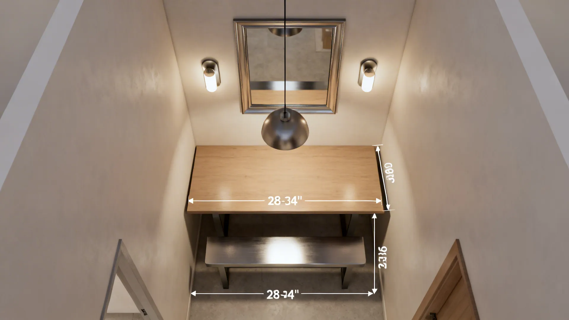 Top-down view showing mirror, pendant height, sconces, and clear circulation around a small dining table.