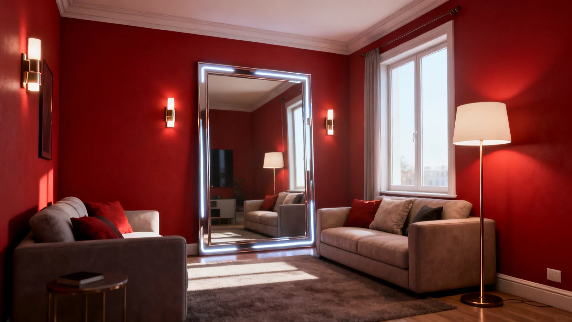 Layered lighting and a large mirror open up a small red-walled living room