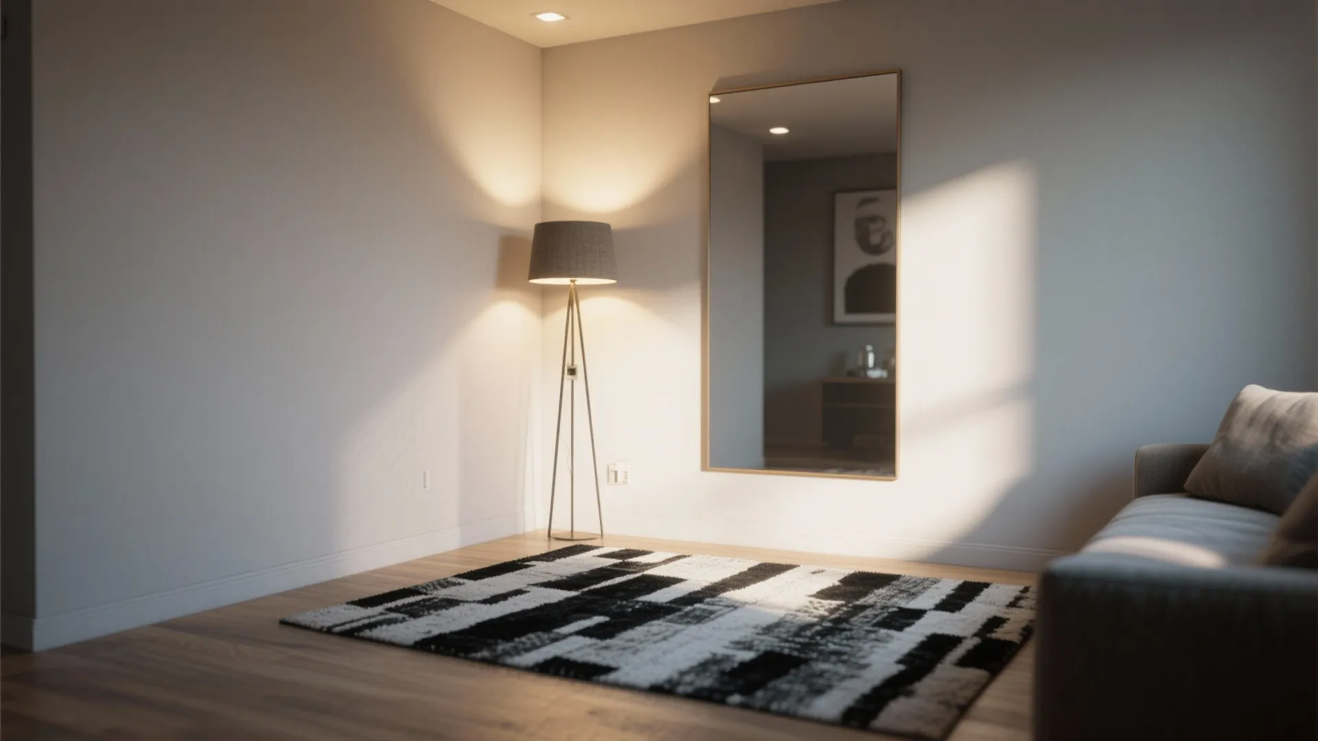 Modern living room corner featuring tripod floor lamp large wall mirror black white rug grey sofa