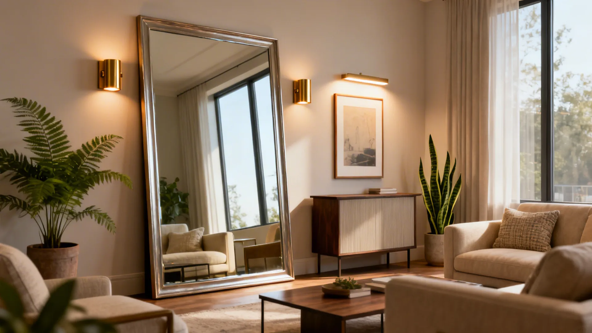 Living room wall using a large mirror and layered lighting to amplify space and light.