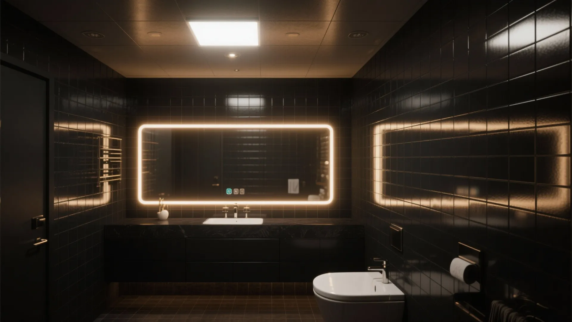 Dark bathroom with black tiles a large lighted mirror and a black cabinet with sink
