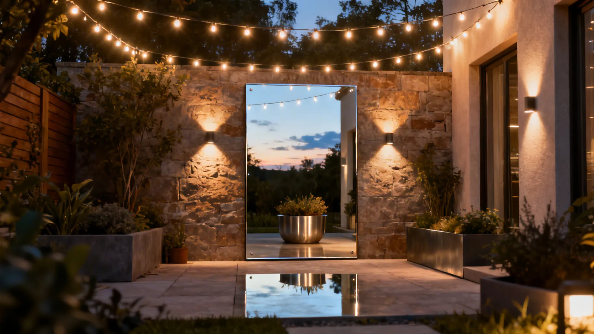 Outdoor mirror and layered lighting that visually expand a small backyard at dusk.
