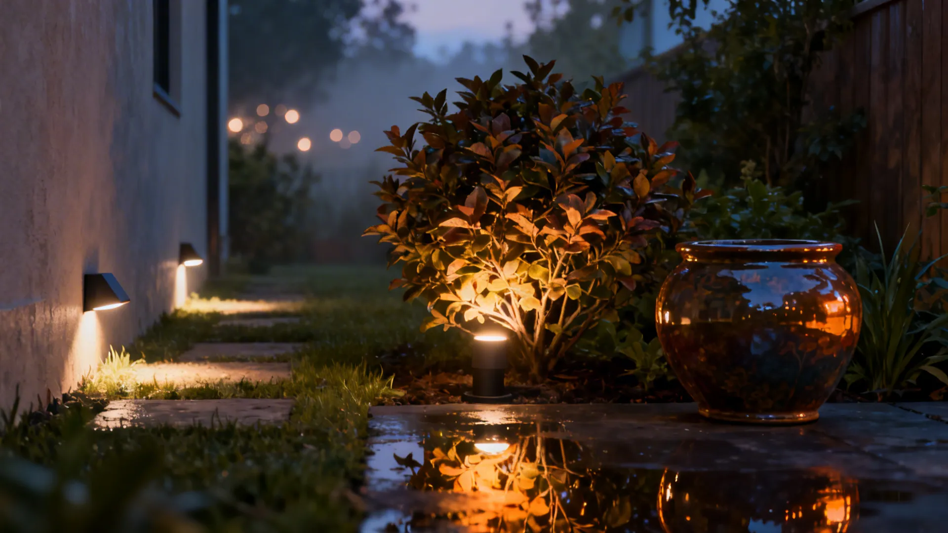 Warm uplighting and a small reflective planter creating depth in a narrow yard at dusk