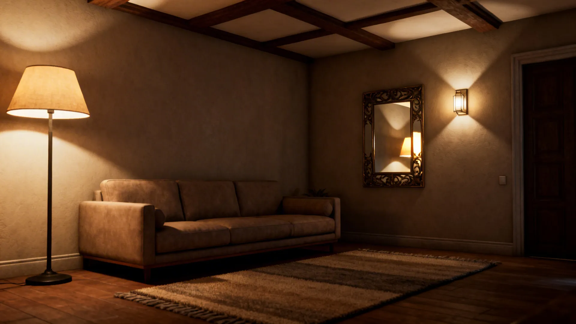 Dark living room with leather sofa floor lamp wall light decorative mirror and striped floor rug