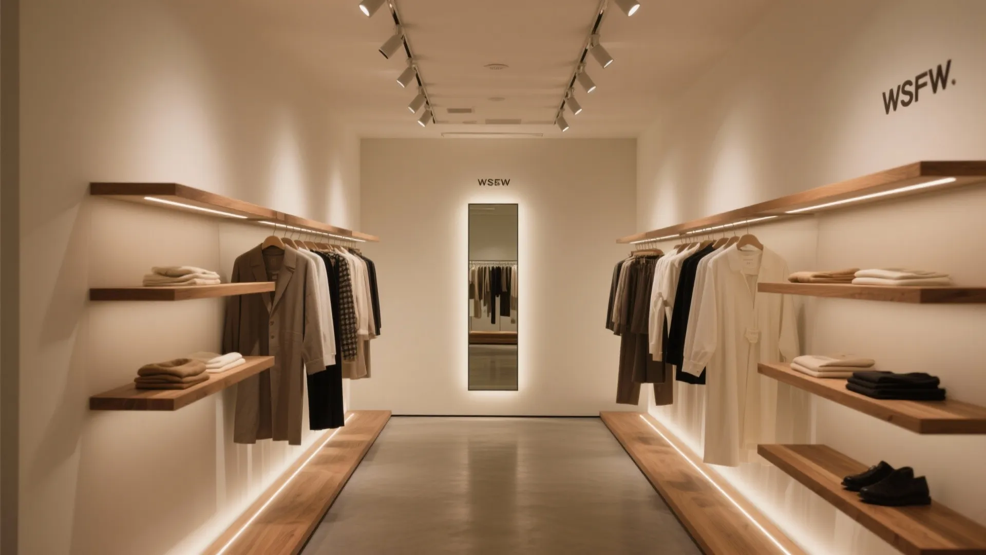 Modern clothing store aisle with wood shelves neutral garments on hangers and a tall mirror