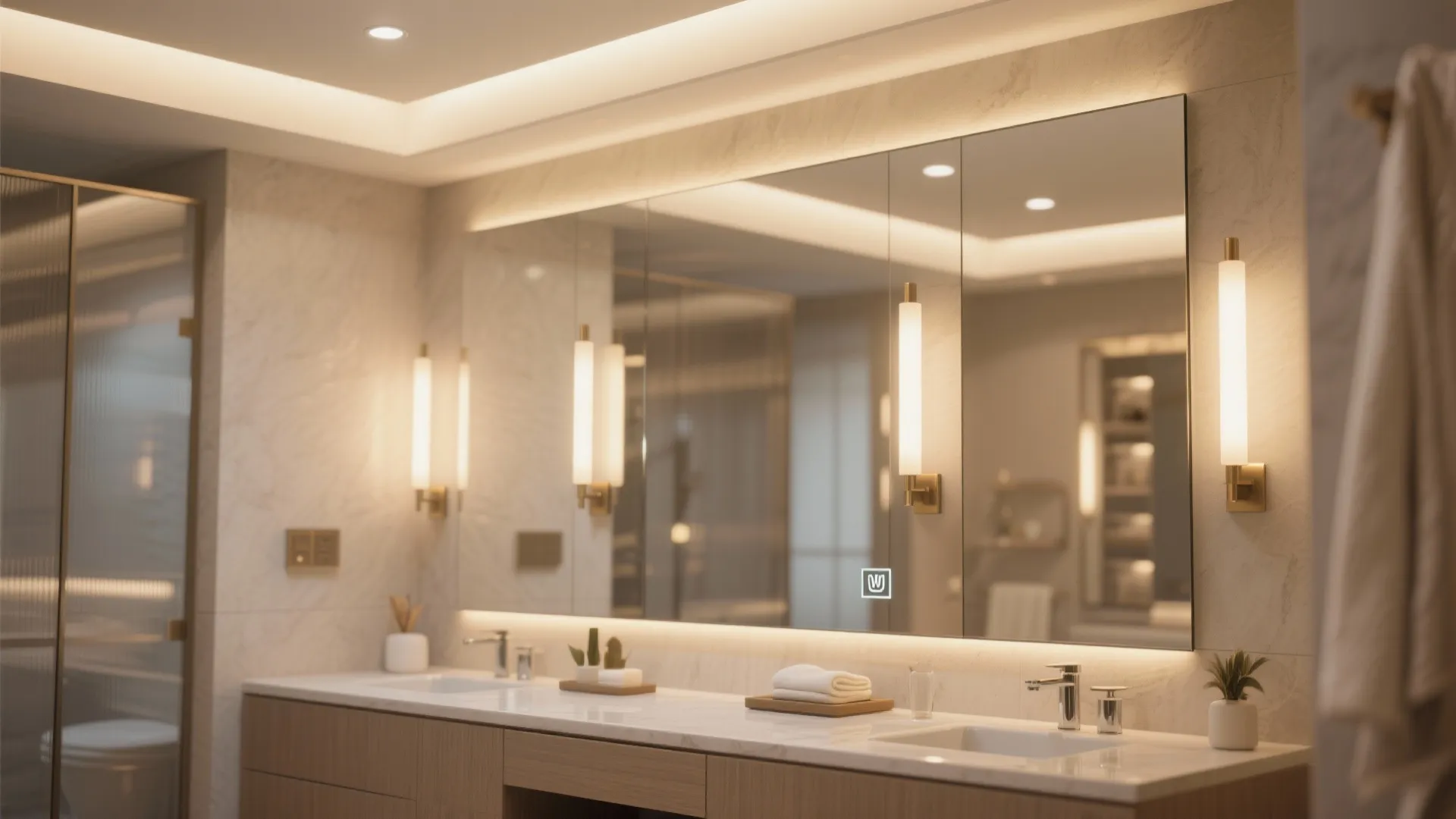 Luxury bathroom vanity with large mirror, warm wall lights, marble countertop, and double integrated sinks
