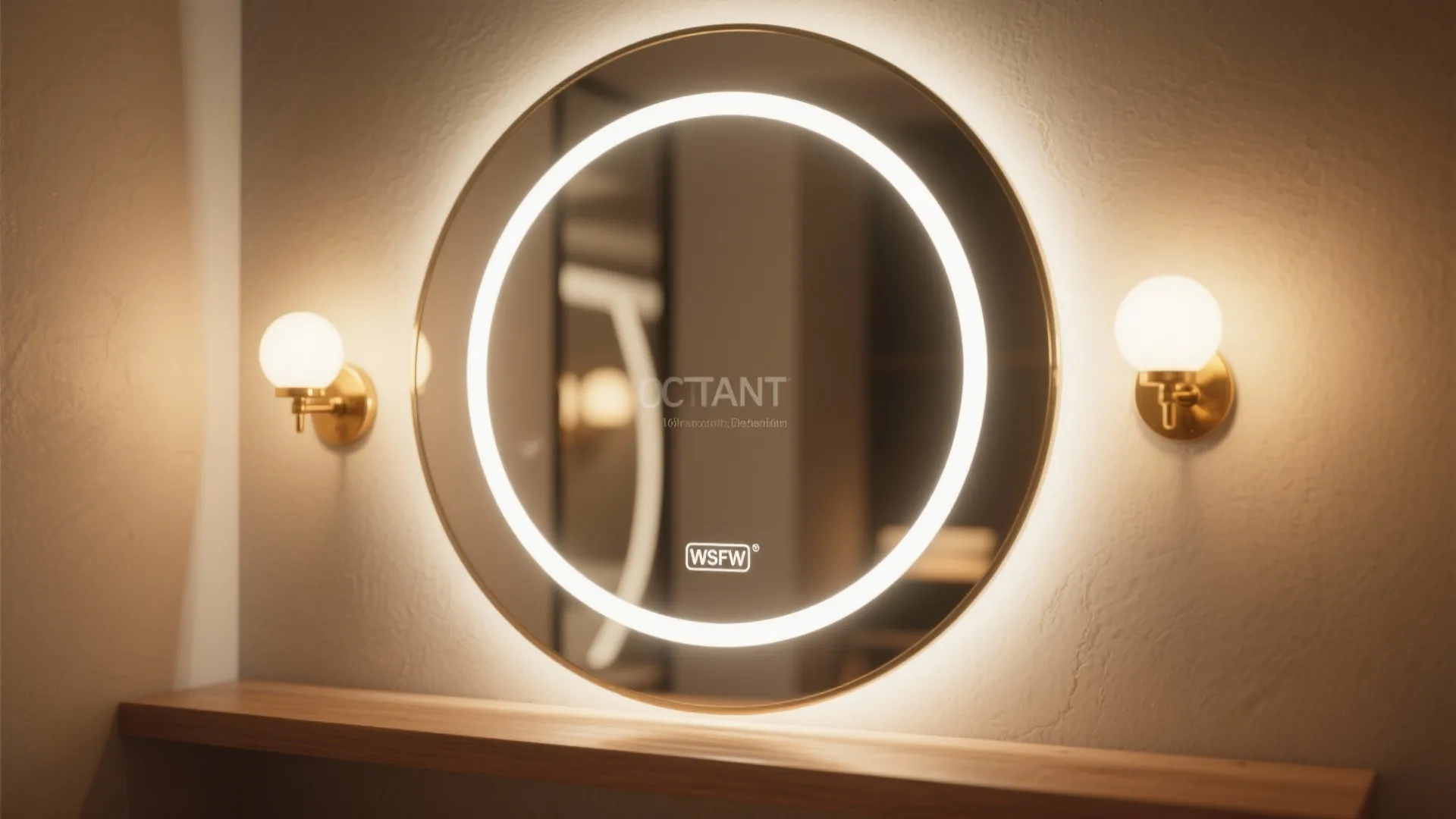 Modern bathroom with round lighted mirror wood shelf and two gold wall lights on textured wall