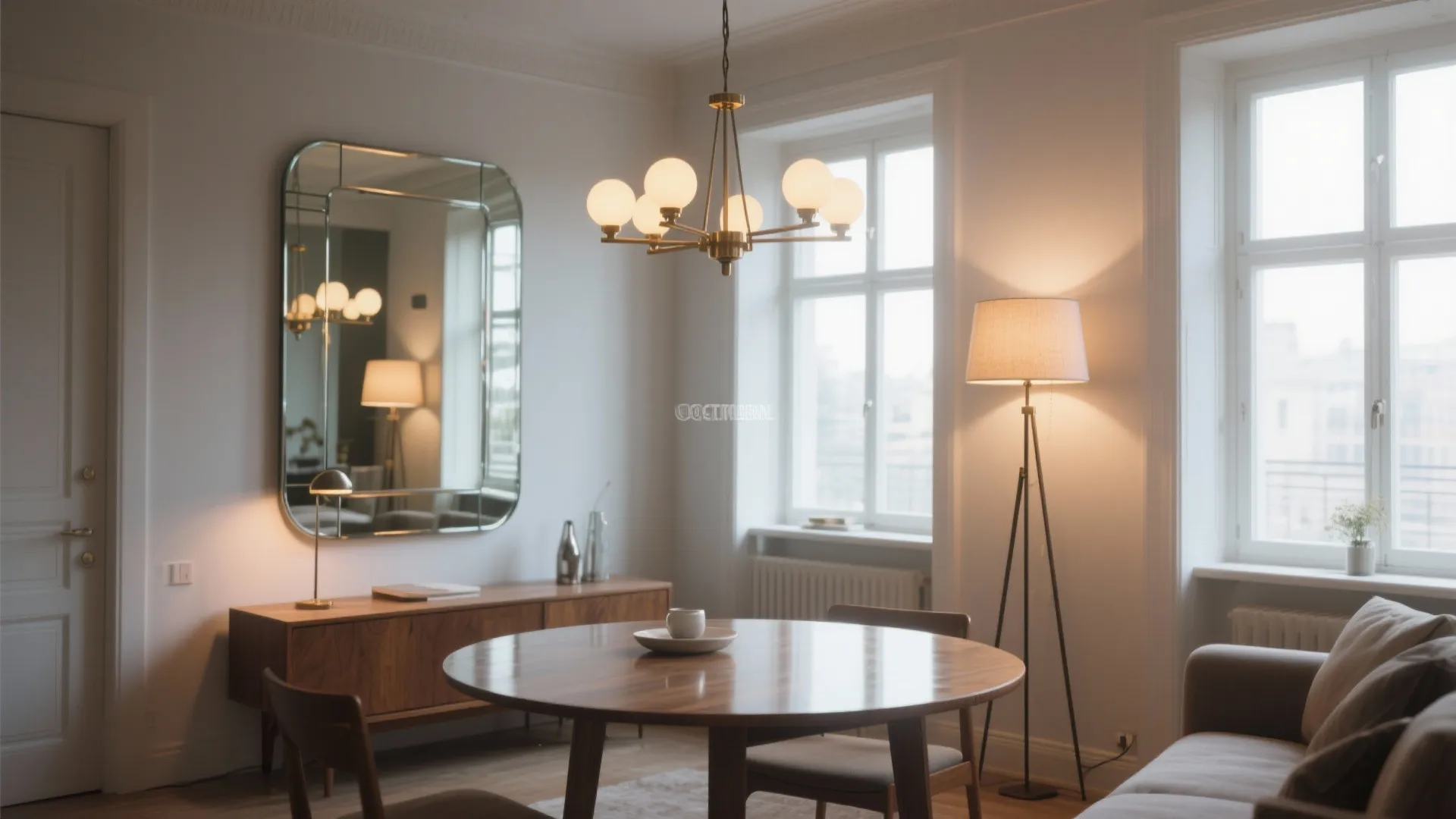 Dining room with round wooden table large wall mirror ceiling light floor lamp and white walls