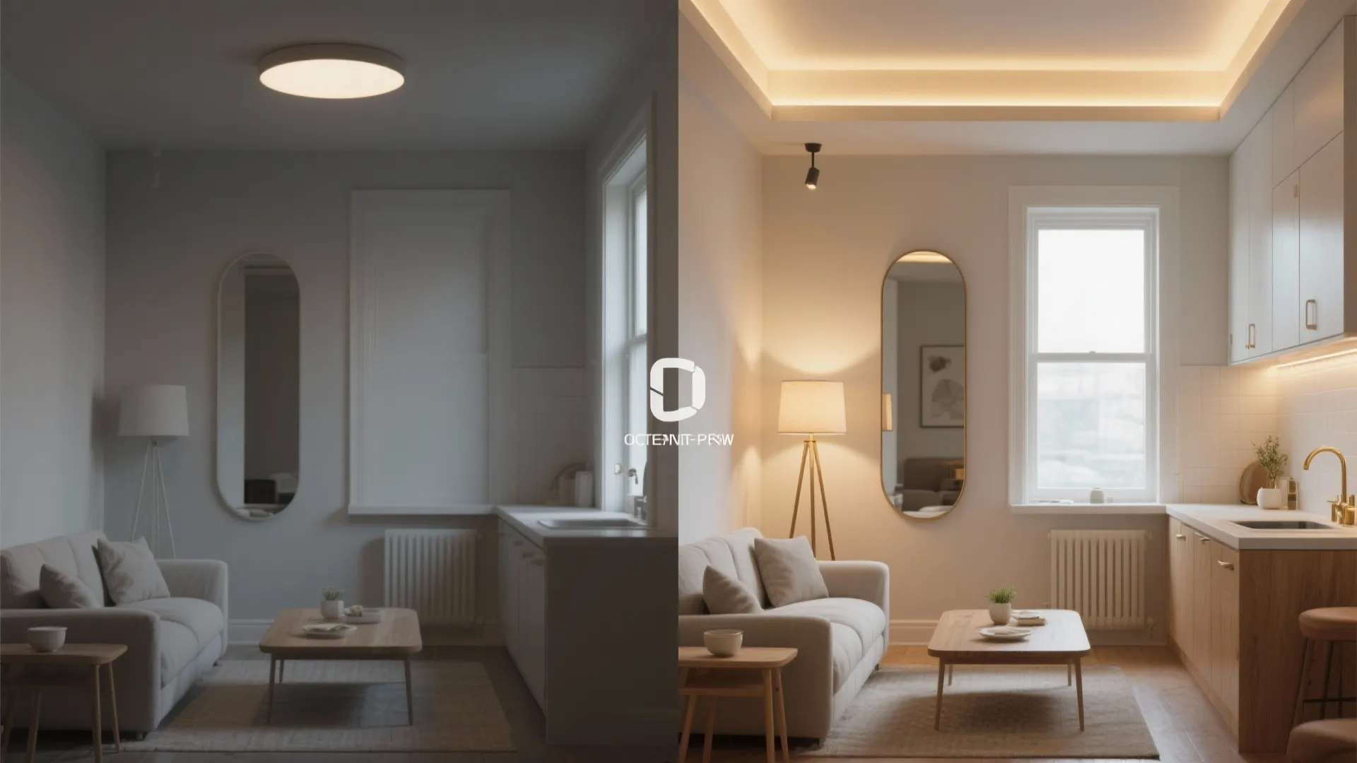 Split-screen before-and-after showing layered warm lighting and a slim mirror that bounces daylight to enlarge a compact room.