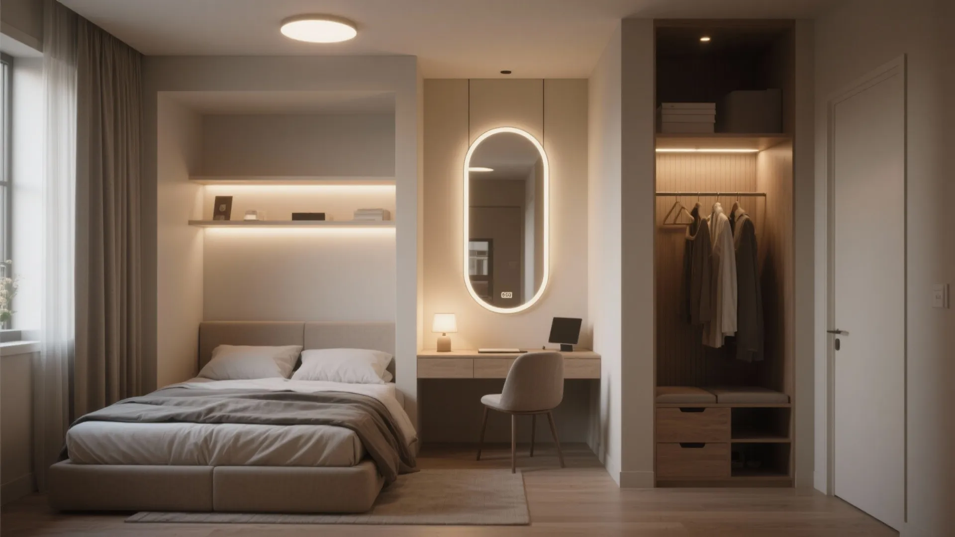 Tiny bedroom with zones defined by layered lighting and a large mirror that visually expands the space.